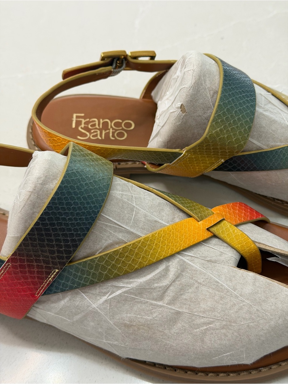 Franco Sarto Gabby Flat Sandal Multi Snake Print 9M Crisscross Strappy - Picture 6 of 12